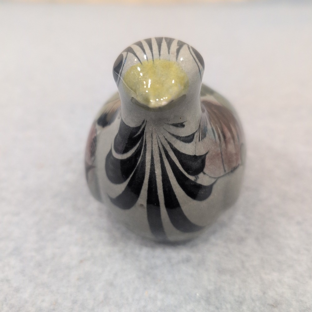 Tonala Mexican Folk Art Ceramic Bird Figurine Hand Painted Signed Gray Brown - Picture 2 of 6